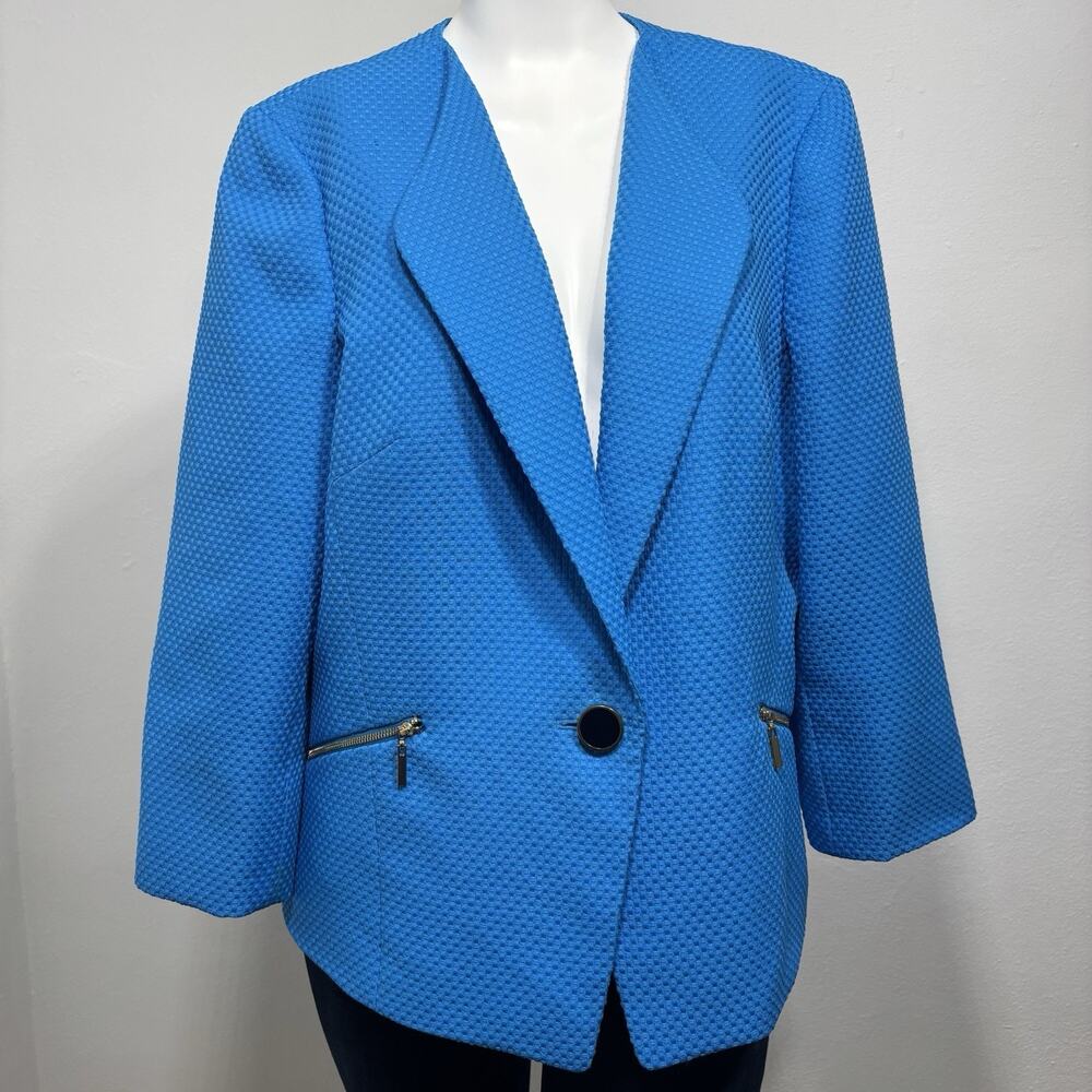 Jones Studio Blazer‎ Womens 14 Blue Textured Zip Pocket Statement